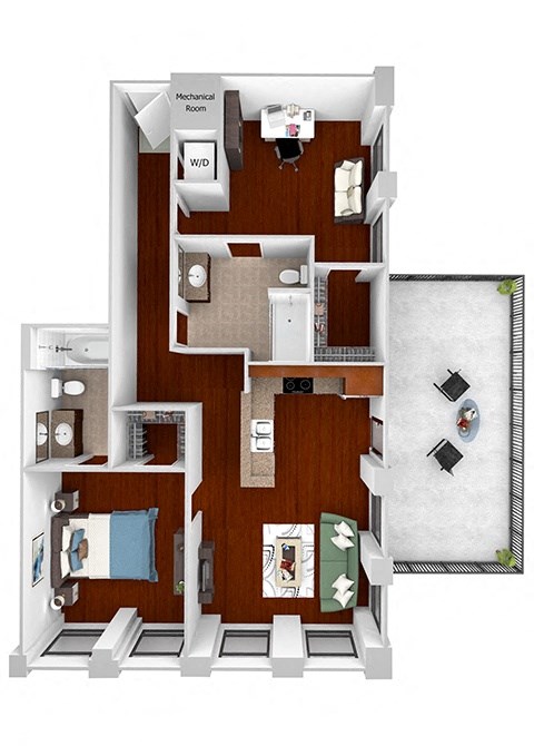 Floor plan for 2 beds, 2 baths, 1035 sqft